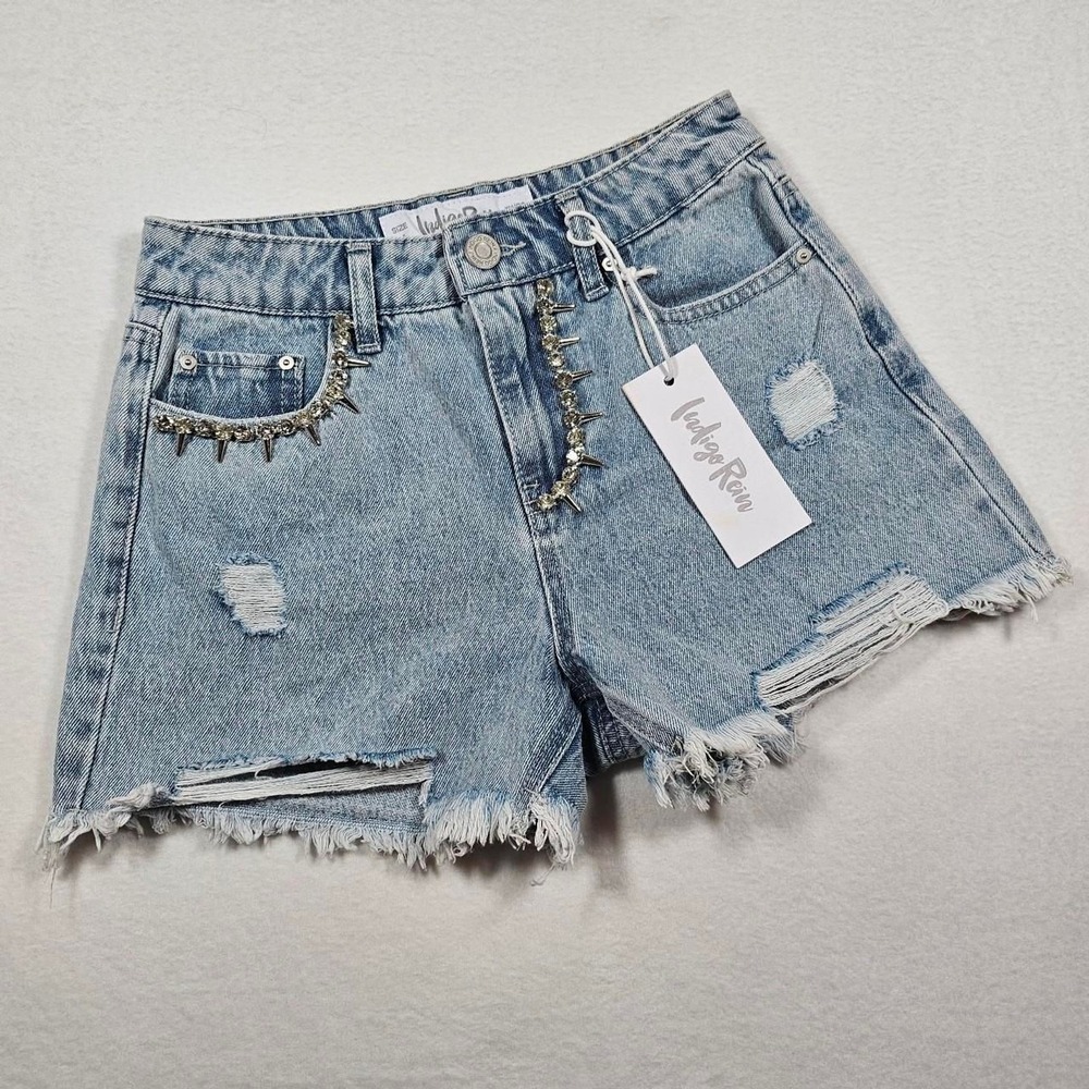 Indigo Rein Womens Distressed Denim Shorts Light Wash Rhinestone Spike Size 1 24 - Picture 2 of 7